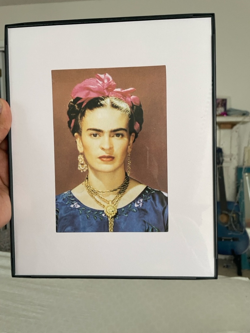 Frida Kahlo Art Print with Pink Headscarf and Blue Dress
